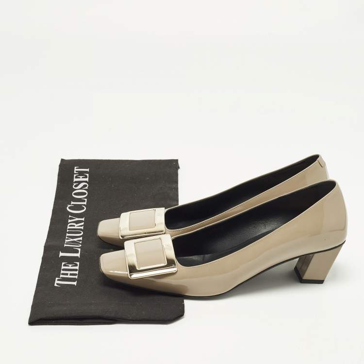 Pre Owned Roger Vivier Belle Vivier Size 35.5 Beige Patent Leather Block Heel Pumps