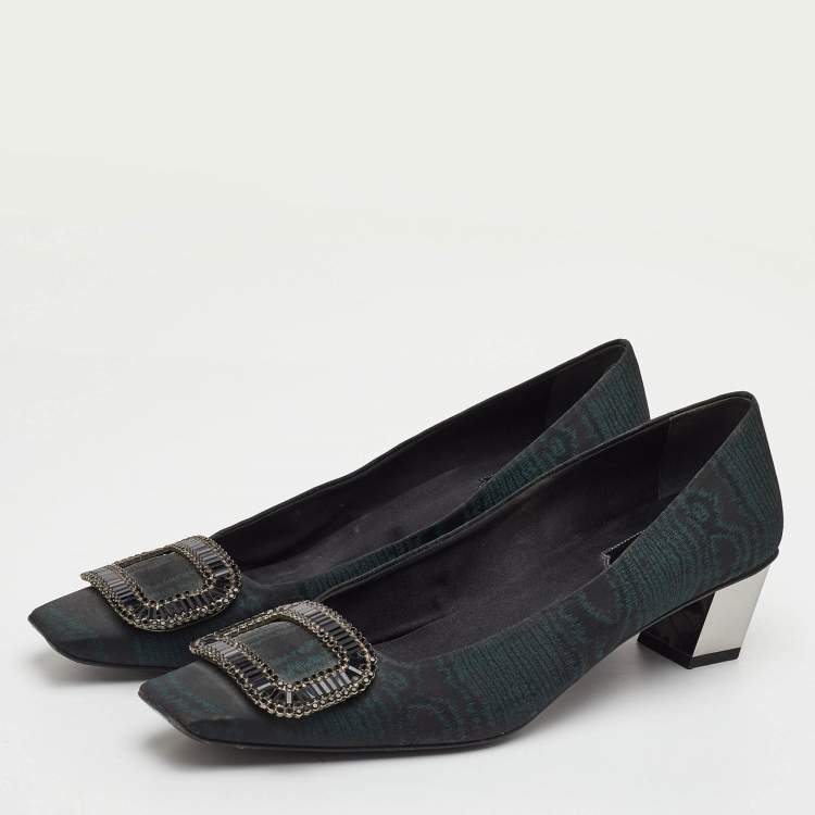 مملوكة مسبقًا Roger Vivier Limelight Buckle Size 40.5 Dark Green/Black Fabric Crystal Embellished Pumps