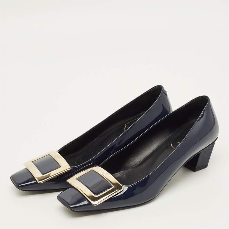 Pre Owned Roger Vivier Belle Vivier Size 35.5 Navy Blue Patent Leather Block Heel Pumps