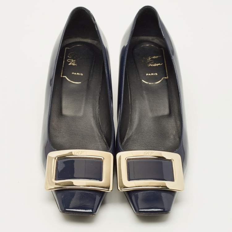 Pre Owned Roger Vivier Belle Vivier Size 35.5 Navy Blue Patent Leather Block Heel Pumps