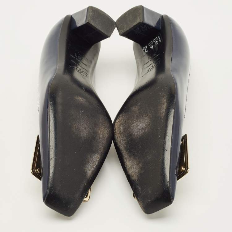 Pre Owned Roger Vivier Belle Vivier Size 35.5 Navy Blue Patent Leather Block Heel Pumps