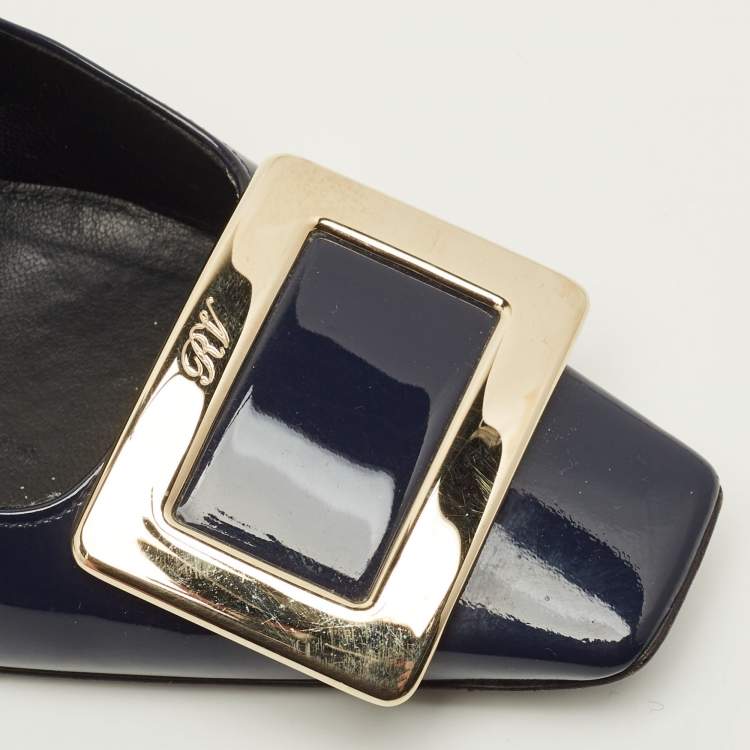 Pre Owned Roger Vivier Belle Vivier Size 35.5 Navy Blue Patent Leather Block Heel Pumps