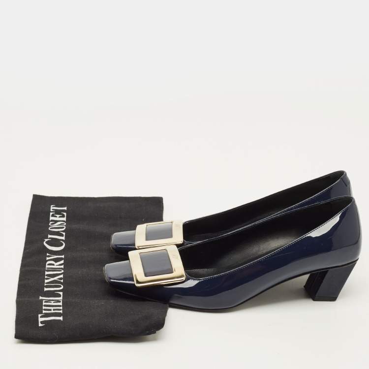 Pre Owned Roger Vivier Belle Vivier Size 35.5 Navy Blue Patent Leather Block Heel Pumps