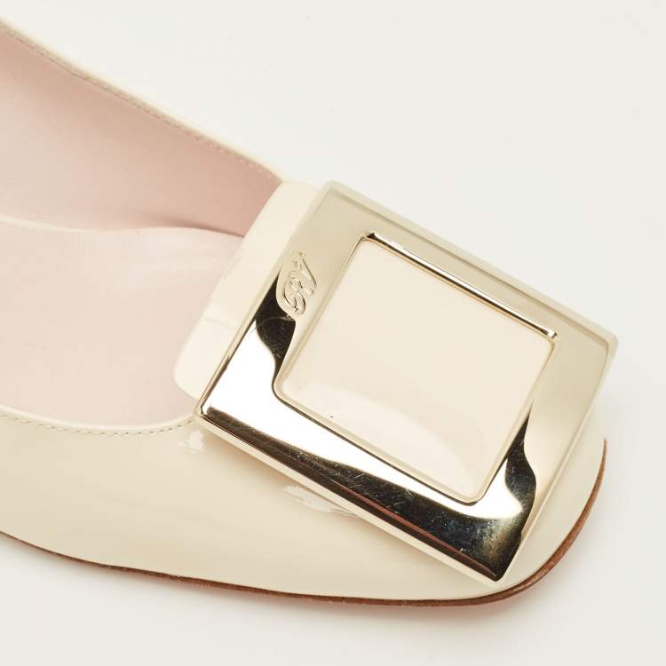 Pre Owned Roger Vivier Trompette Size 35.5 Cream Patent Leather Block Heel Pumps