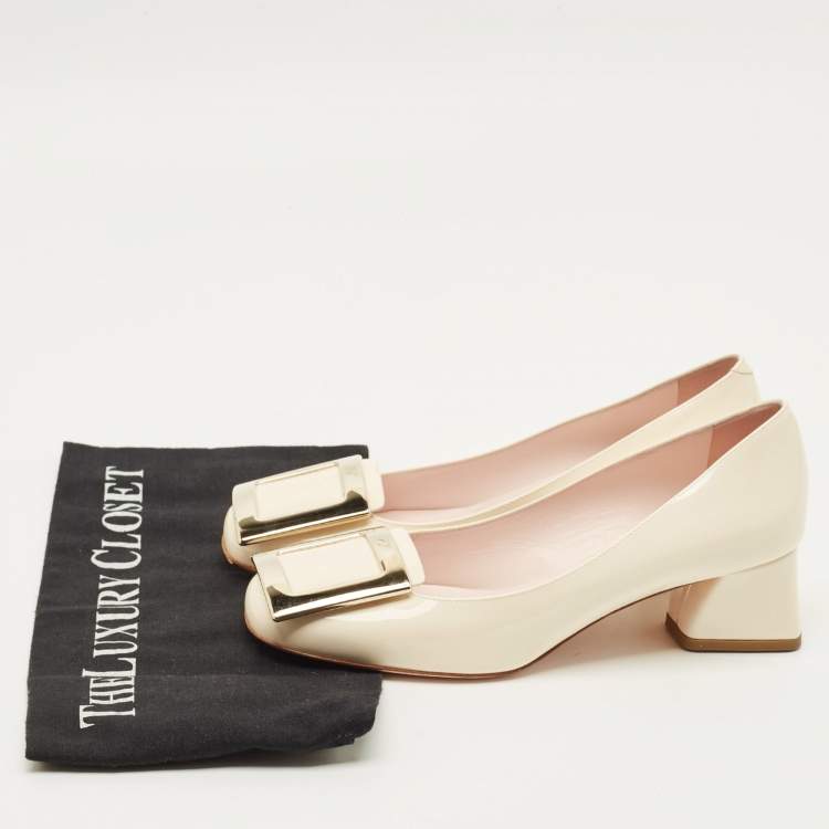 Pre Owned Roger Vivier Trompette Size 35.5 Cream Patent Leather Block Heel Pumps