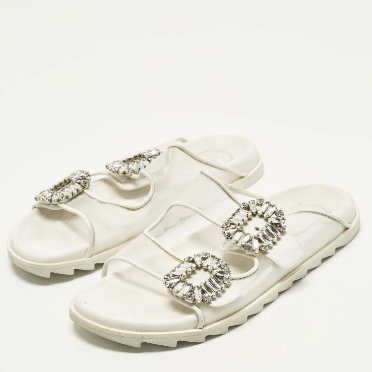 Pre Owned Roger Vivier Slidy Viv Size 39 White Leather and Mesh Flat Slide