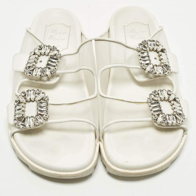 Pre Owned Roger Vivier Slidy Viv Size 39 White Leather and Mesh Flat Slide