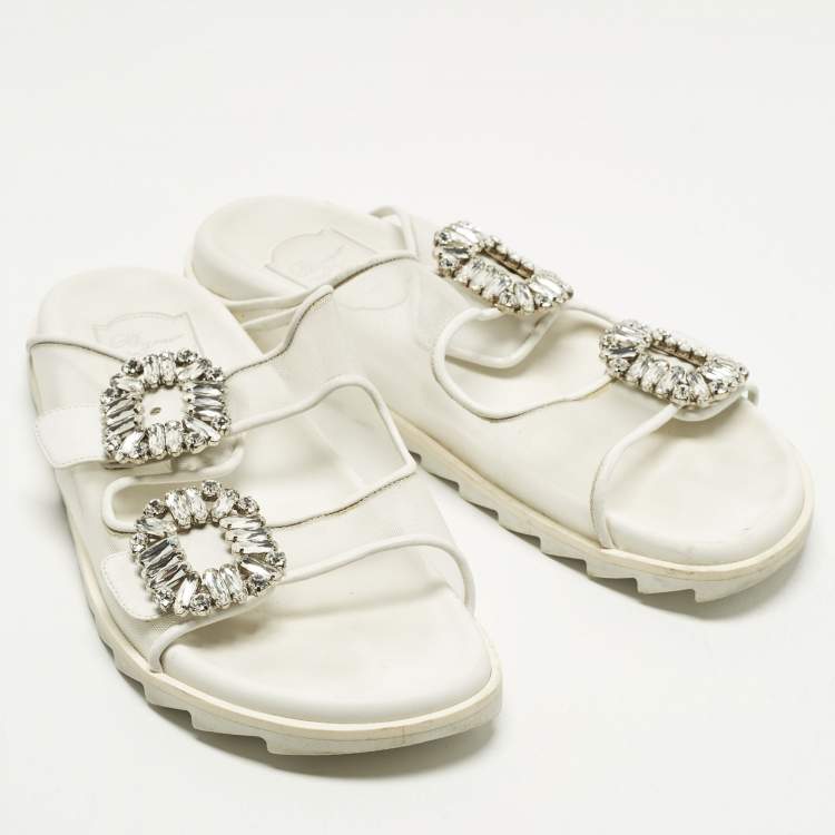 Pre Owned Roger Vivier Slidy Viv Size 39 White Leather and Mesh Flat Slide