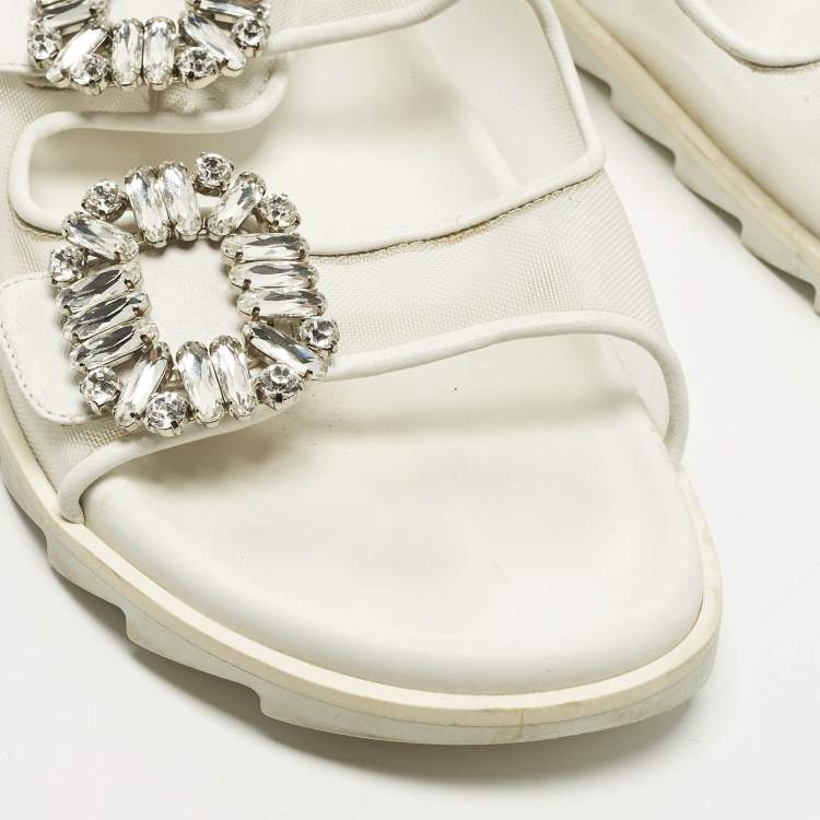 Pre Owned Roger Vivier Slidy Viv Size 39 White Leather and Mesh Flat Slide