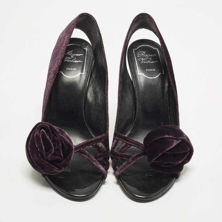 Pre Owned Roger Vivier Size 38.5 Purple Velvet Bow Open Toe Pumps