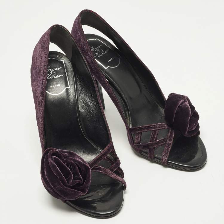 Pre Owned Roger Vivier Size 38.5 Purple Velvet Bow Open Toe Pumps