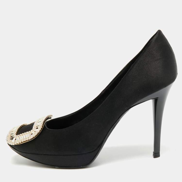Pre Owned Roger Vivier Limelight Size 37 Black Satin Crystal Embellished Platform Pumps