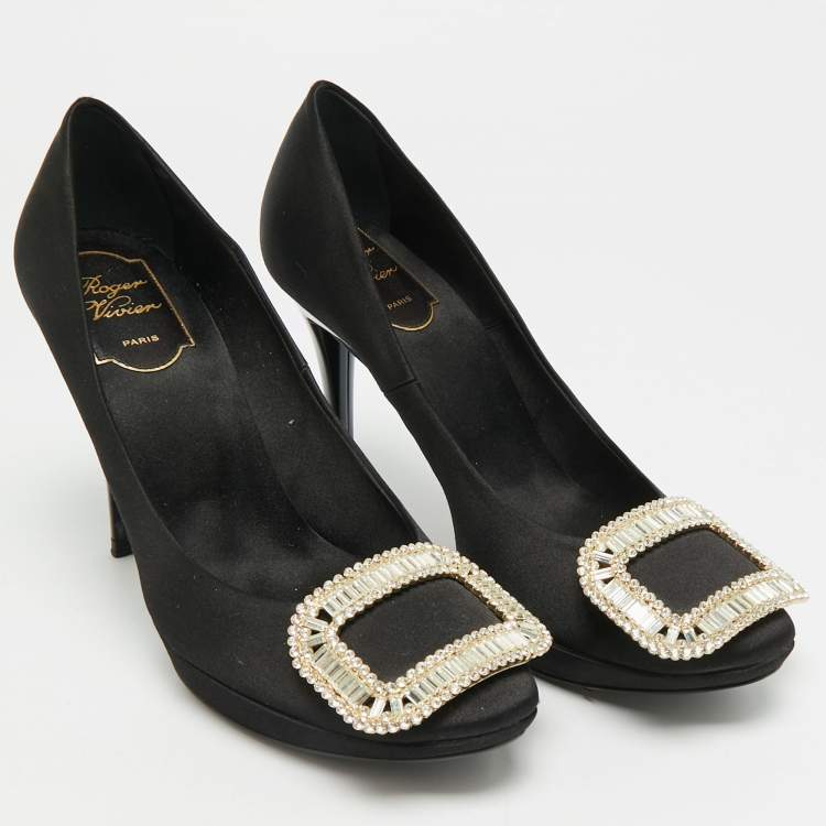 Pre Owned Roger Vivier Limelight Size 37 Black Satin Crystal Embellished Platform Pumps