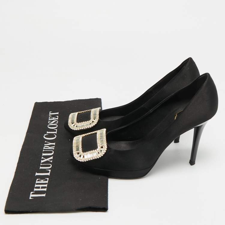 Pre Owned Roger Vivier Limelight Size 37 Black Satin Crystal Embellished Platform Pumps