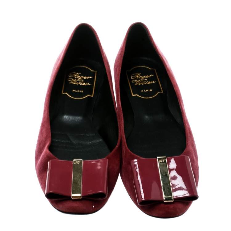 Pre Owned Roger Vivier Burgundy Suede Bow Ballet Flats Size 36