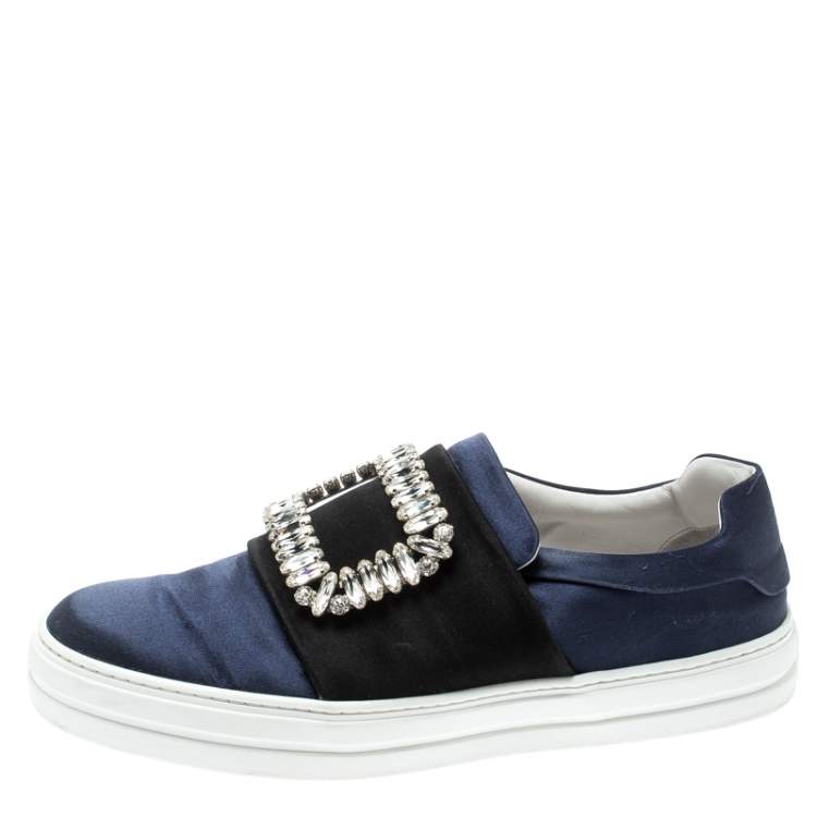 Pre Owned Roger Vivier Blue Satin Sneaky Viv Embellished Slip On Sneakers Size 37