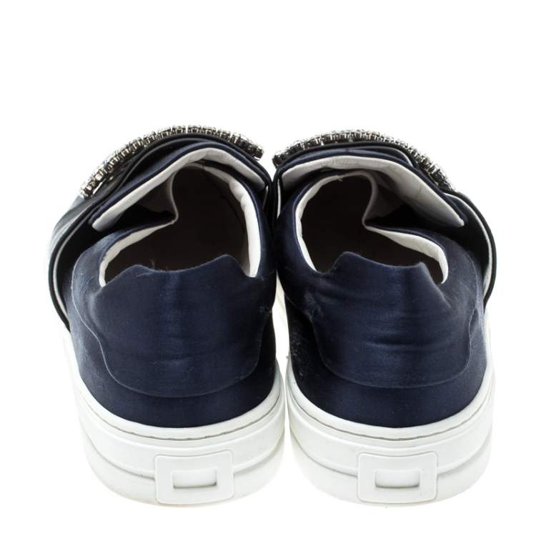 Pre Owned Roger Vivier Blue Satin Sneaky Viv Embellished Slip On Sneakers Size 37
