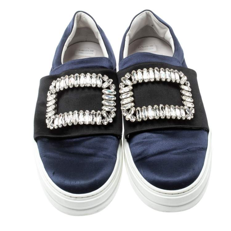 Pre Owned Roger Vivier Blue Satin Sneaky Viv Embellished Slip On Sneakers Size 37
