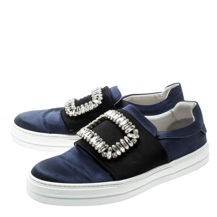 Pre Owned Roger Vivier Blue Satin Sneaky Viv Embellished Slip On Sneakers Size 37