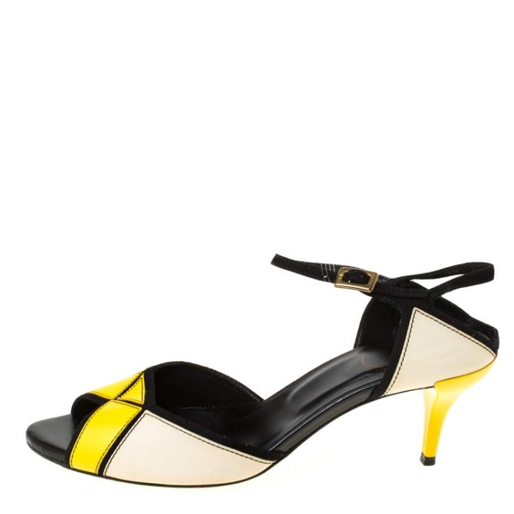 Pre Owned Roger Vivier Tri Color Leather Peep Toe Ankle Strap Sandals Size 37.5