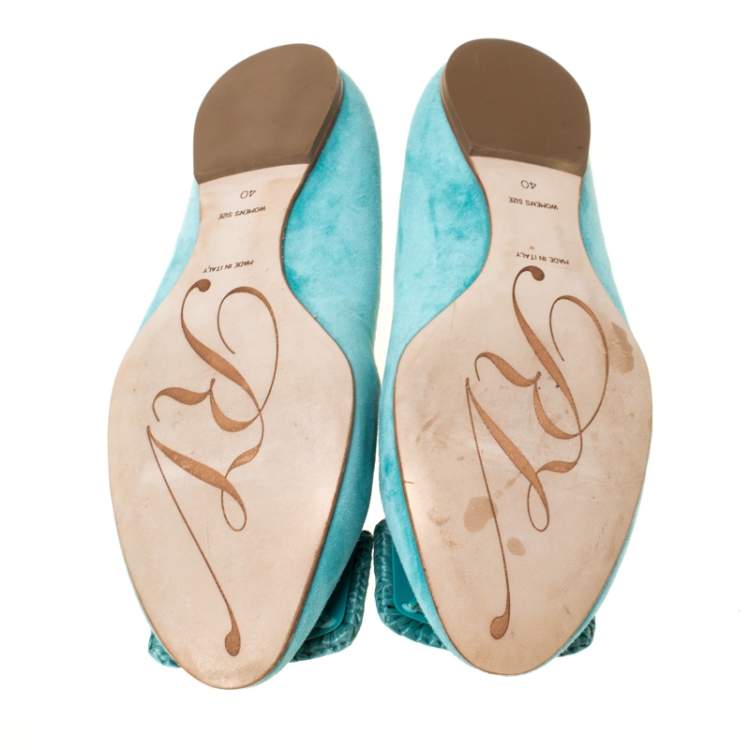 Pre Owned Roger Vivier Vert Blue Suede Belle Ballet Flats Size 40