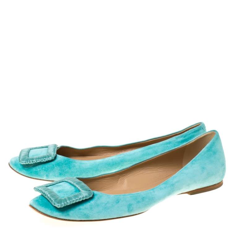 Pre Owned Roger Vivier Vert Blue Suede Belle Ballet Flats Size 40
