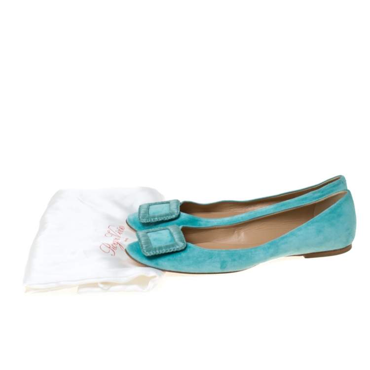 Pre Owned Roger Vivier Vert Blue Suede Belle Ballet Flats Size 40