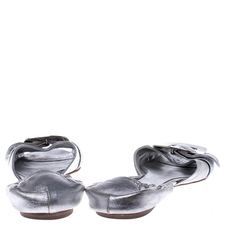 Pre Owned Roger Vivier Silver Metallic Leather Chip Detail Open Toe Flats Size 36