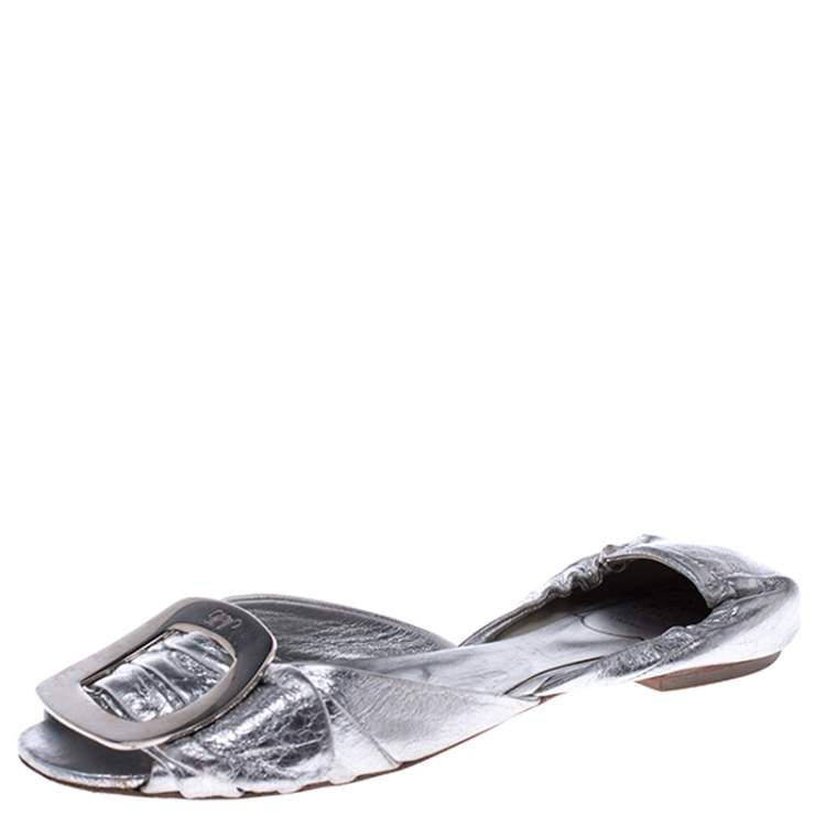 silver open toe flats