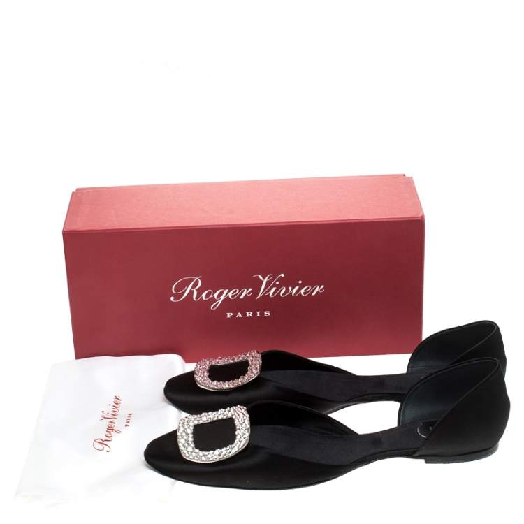 Pre Owned Roger Vivier Black Satin Crystal Embellished Chip Flats Size 42