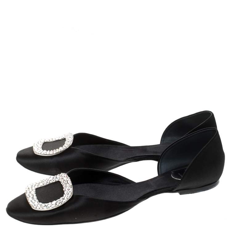 Pre Owned Roger Vivier Black Satin Crystal Embellished Chip Flats Size 42