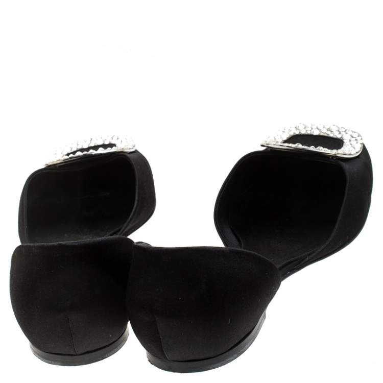 Pre Owned Roger Vivier Black Satin Crystal Embellished Chip Flats Size 42
