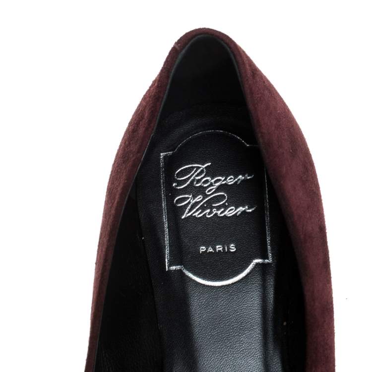 Pre Owned Roger Vivier Burgundy Suede Tortoise Shell Buckle Ballet Flats Size 38