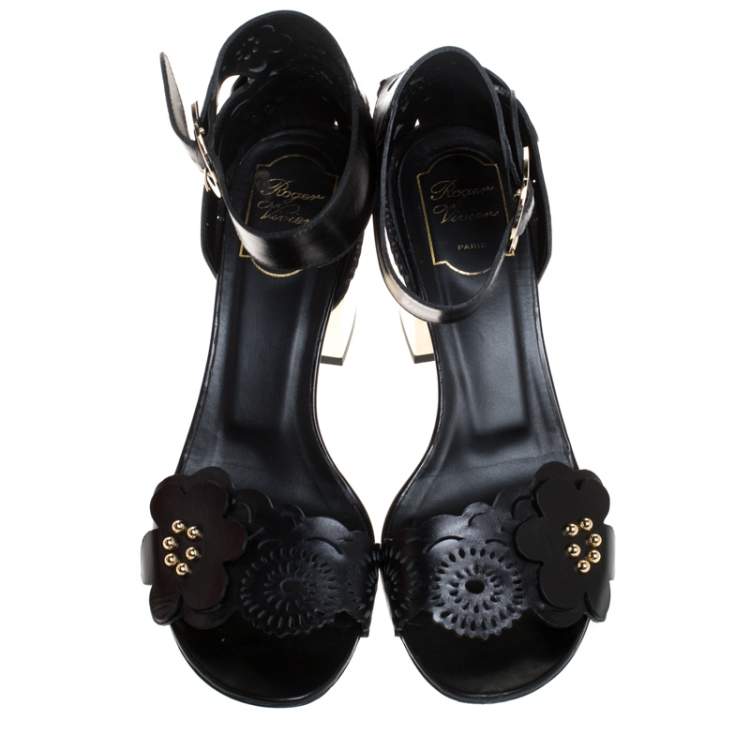 Pre Owned Roger Vivier Black Leather Floral Applique Laser Cut Ankle Strap Sandals Size 40