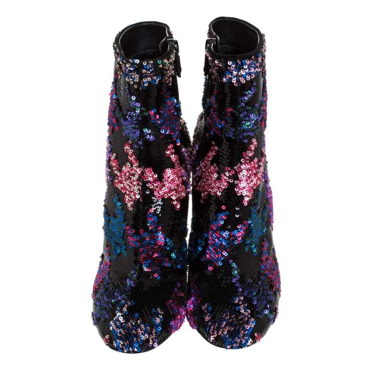 Pre Owned  Roger Vivier Multicolor Sequin Embellished Block Heel Ankle Boots Size 37
