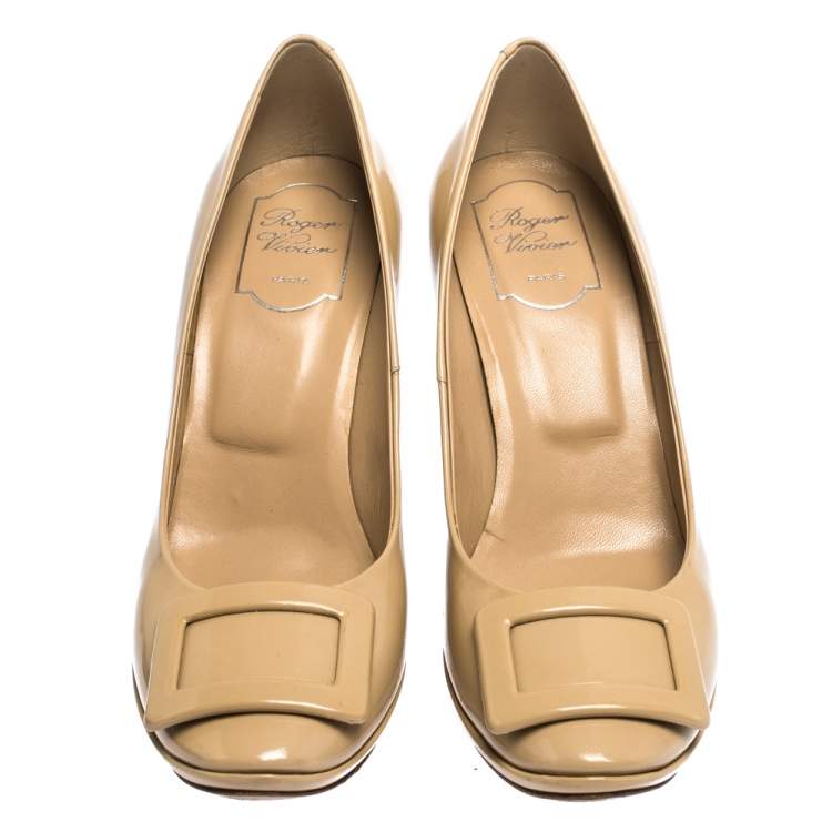 Pre Owned Roger Vivier Beige Patent Leather Square Toe Pumps Size 39