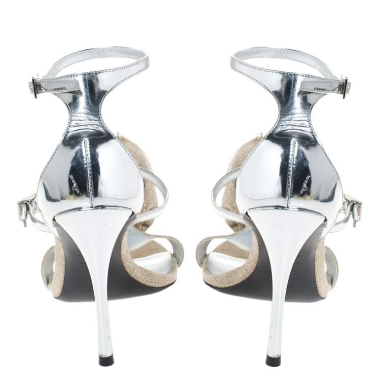 Pre Owned Roger Vivier Silver Leather And Canvas Rose Effiloche Sin Ankle Strap Sandals Size 37
