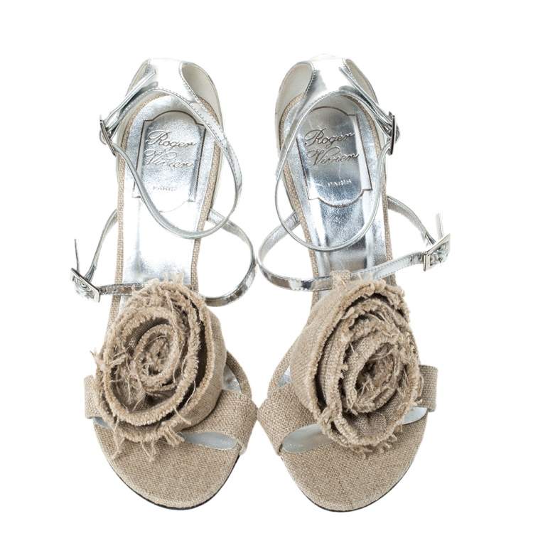 Pre Owned Roger Vivier Silver Leather And Canvas Rose Effiloche Sin Ankle Strap Sandals Size 37