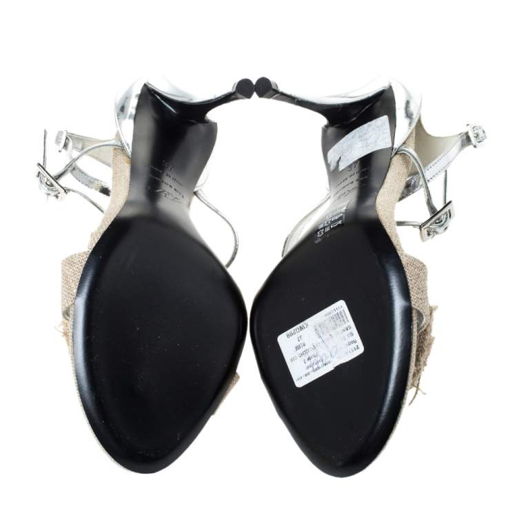 Pre Owned Roger Vivier Silver Leather And Canvas Rose Effiloche Sin Ankle Strap Sandals Size 37