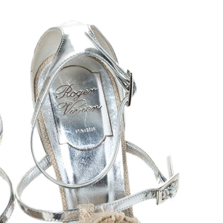 Pre Owned Roger Vivier Silver Leather And Canvas Rose Effiloche Sin Ankle Strap Sandals Size 37