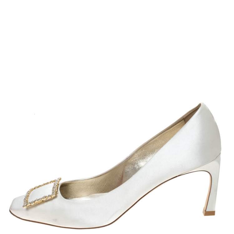 Pre Owned Roger Vivier White Satin Belle Embellished Pumps Size 40