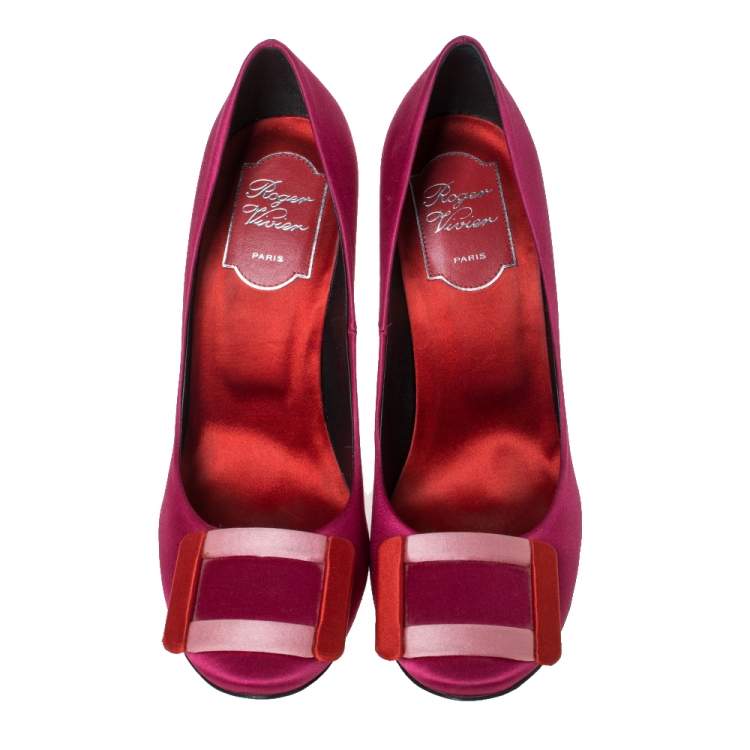 Pre Owned Roger Vivier Multicolor Satin Square Buckle Pumps Size 37