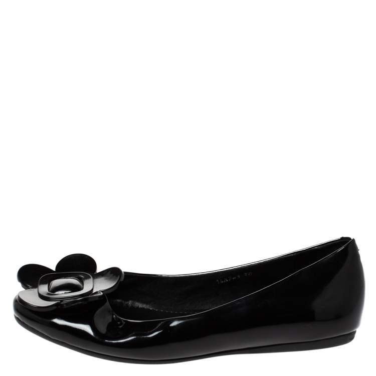 Pre Owned Roger Vivier Black Floral Applique Patent Leather Ballet Flats Size 39