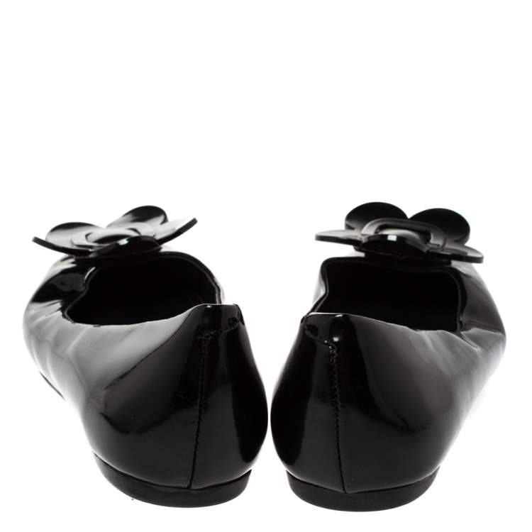 Pre Owned Roger Vivier Black Floral Applique Patent Leather Ballet Flats Size 39