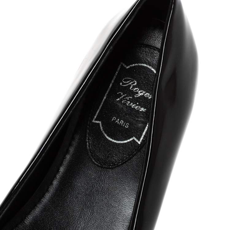 Pre Owned Roger Vivier Black Floral Applique Patent Leather Ballet Flats Size 39