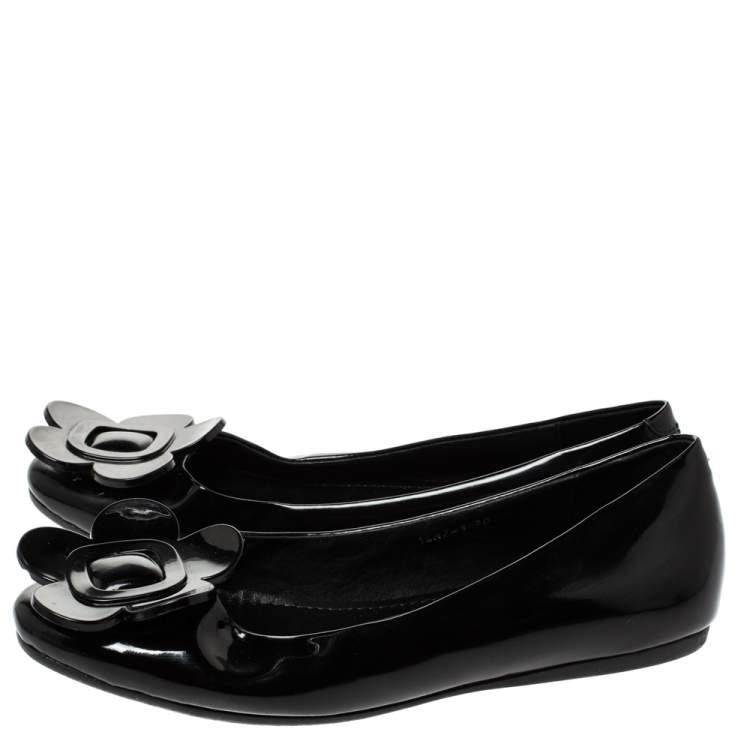 Pre Owned Roger Vivier Black Floral Applique Patent Leather Ballet Flats Size 39
