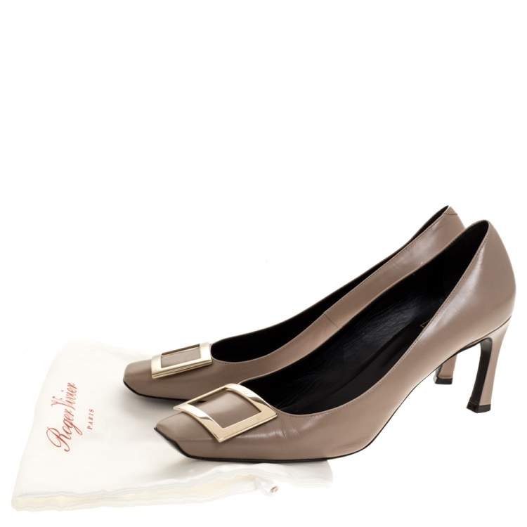 Pre Owned Roger Vivier Beige Leather Square Toe Pumps Size 40.5
