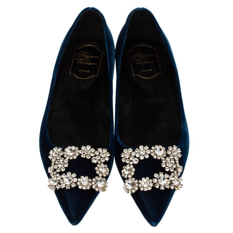 Pre Owned Roger Vivier Blue Velvet Dec Flower Crystal Embellished Pointed Toe Ballet Flats Size 37