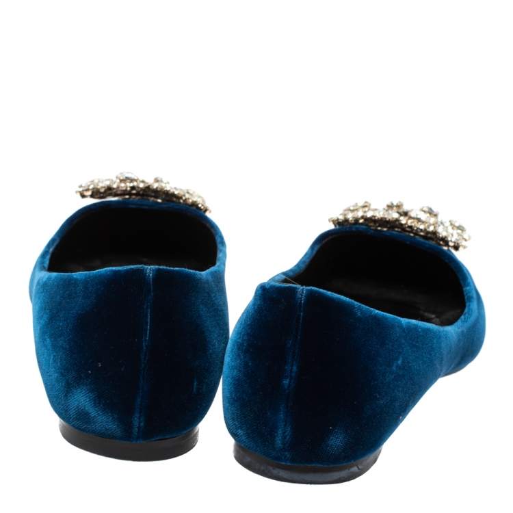 Pre Owned Roger Vivier Blue Velvet Dec Flower Crystal Embellished Pointed Toe Ballet Flats Size 37