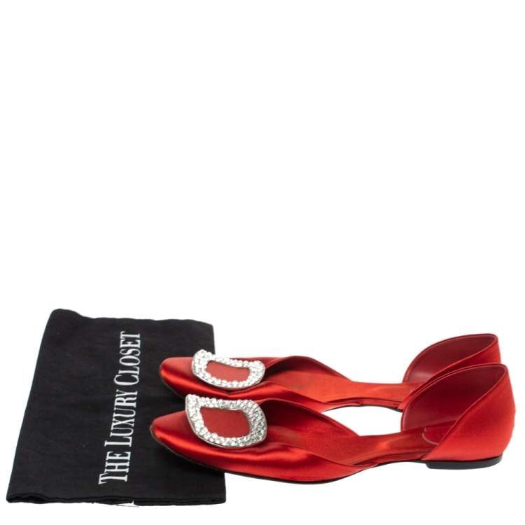 Pre Owned Roger Vivier Red Satin Strass Chips Ballerina D'orsay Flats Size 39